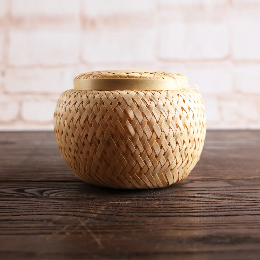 Tea Basket Canister Loose Leaves Small Green Mandarin Bamboo Woven Container Wooden