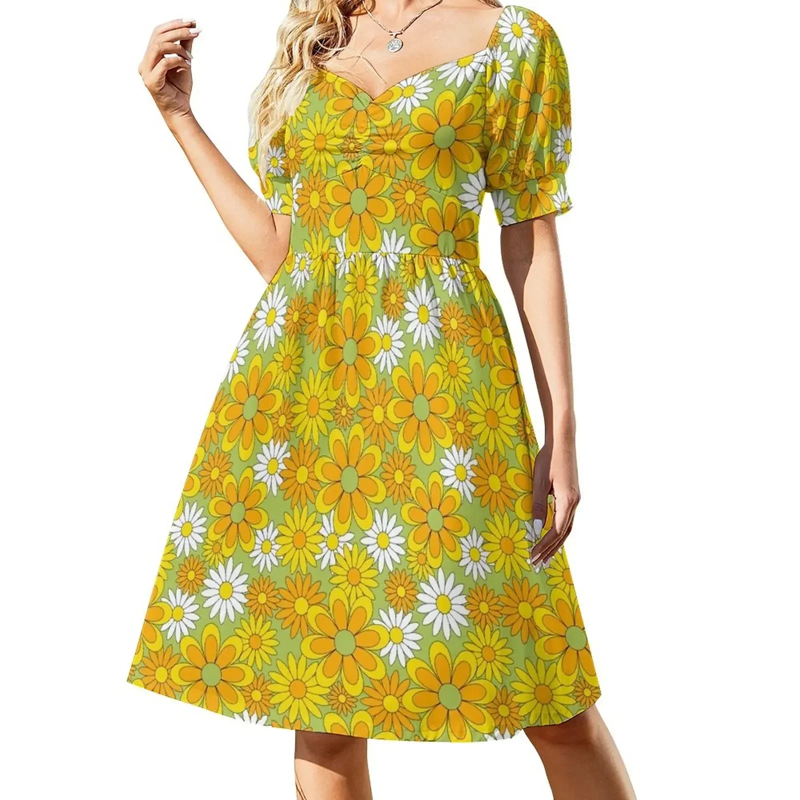 

70s Flower Power Green Orange Yellow Retro Daisy Sleeveless Dress Dress for pregnant women summer dresses for women 2025 Dress