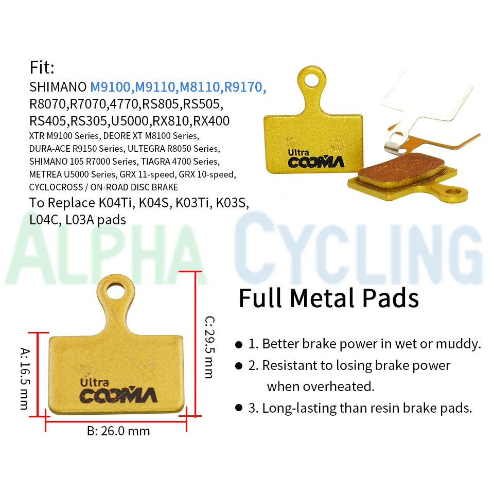 Bicycle Disc Brake Pads for SHIMANO SHIMANO XTR M9100 DURA ACE R9170, R9150, Ultegra R8070, U5000, RS805, 4 Pairs Full Metal