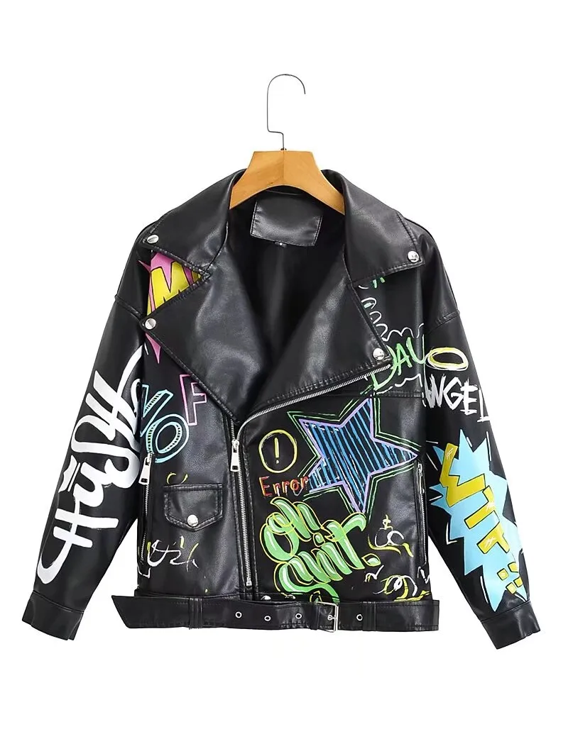 Fashion Brand Coat PU Leather Jacket Women Colorful Print Graffiti Soft Punk Coats Slim Locomotive Cropped Jacket Leather Top