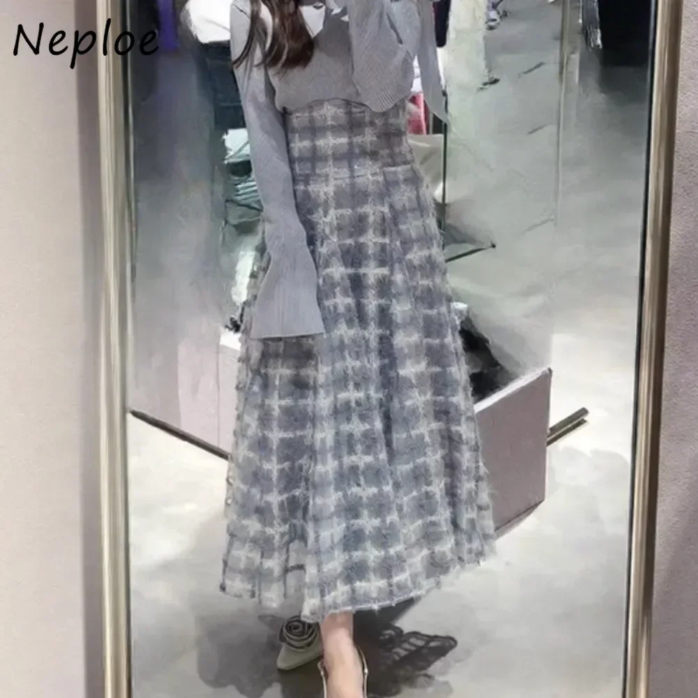 Neploe Elegant High Waist Slim Lace Up Women Faldas Plaid All-match Ball Gown Panelled Skirt Japanese New Flash Luxury Falda