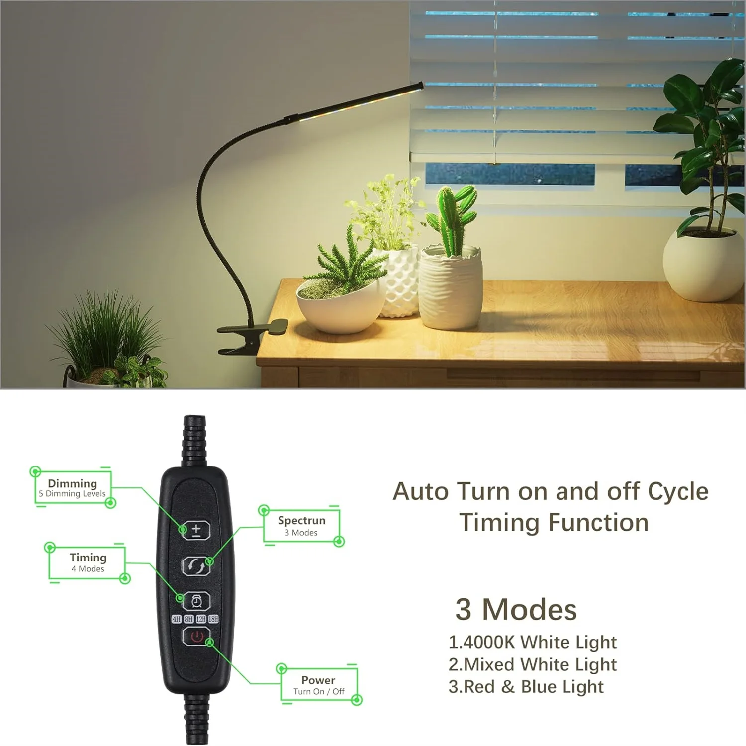 3Colors Clip Full Spectrum Grow Light LED Gooseneck Lamp USB Brightness Color Mode Changeable 5V Timing Control 4/8/12/18Hours