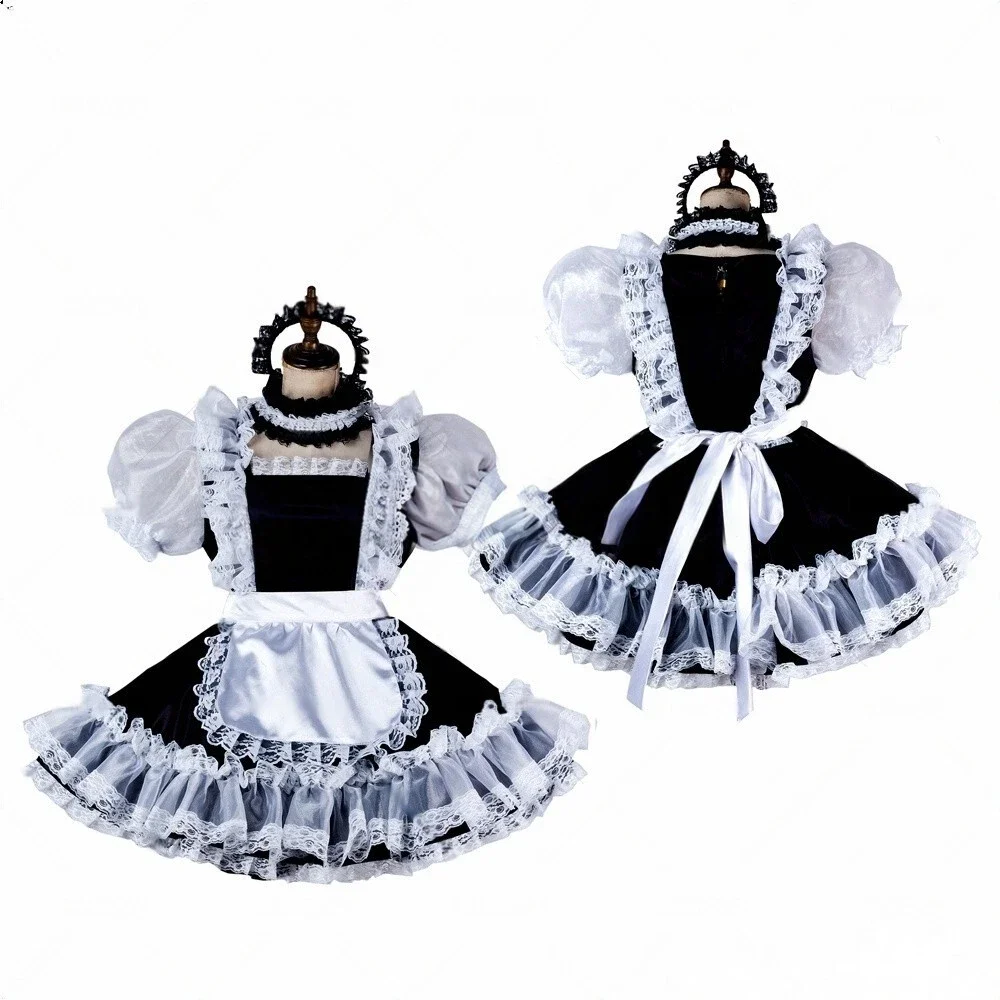 

Sexy Sissy girl French maid black and white satin lockable chiffon ruffle cosplay costume customizable