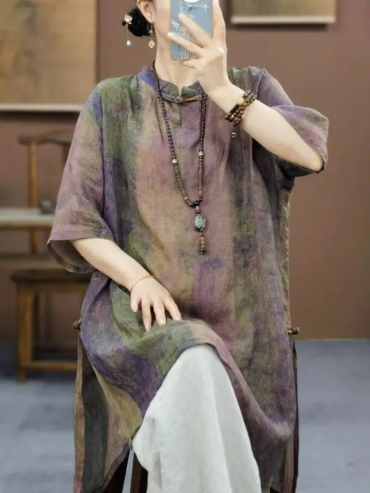 

Новый китайский женский топ из хлопковой лиоцелловой ткани с цветочным принтом и воротником-стойкой Five Sve средней длины с боковым разрезом