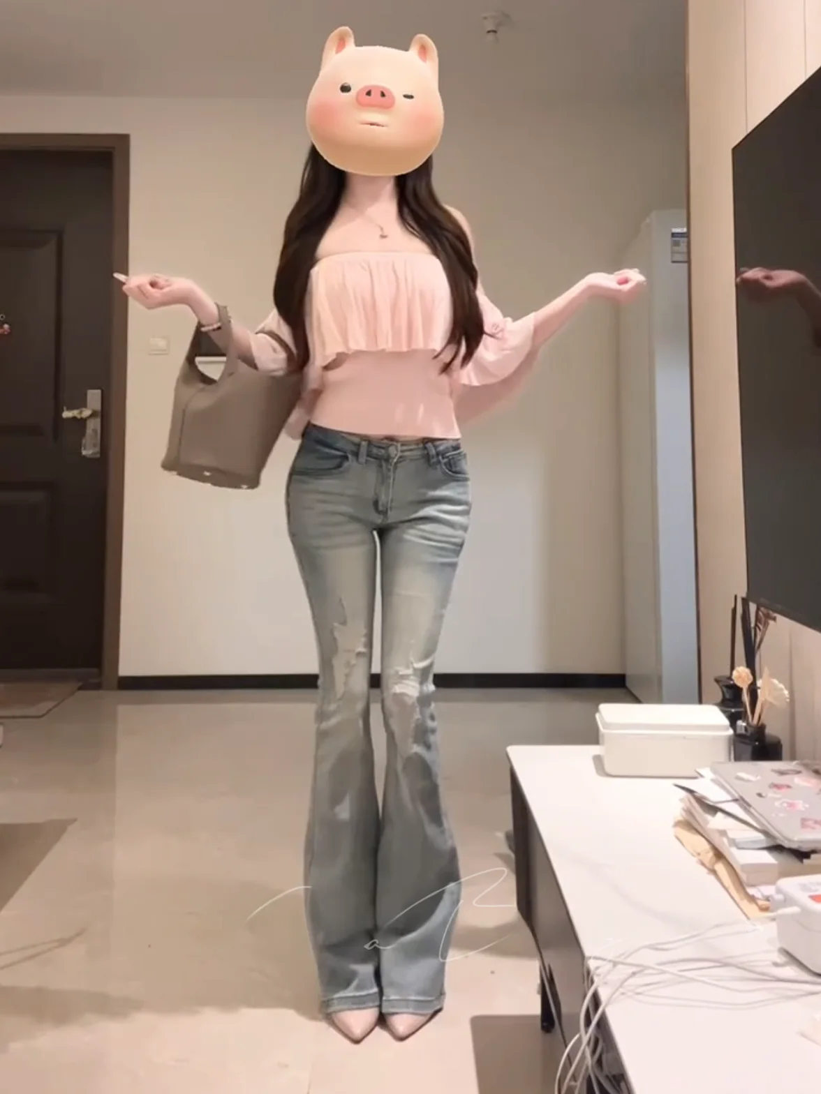 

Light Blue High Waist Distressed Denim Jeans Elastic Slimming Fashionable Washed Micro Flared Long Pants Women's Spring Season