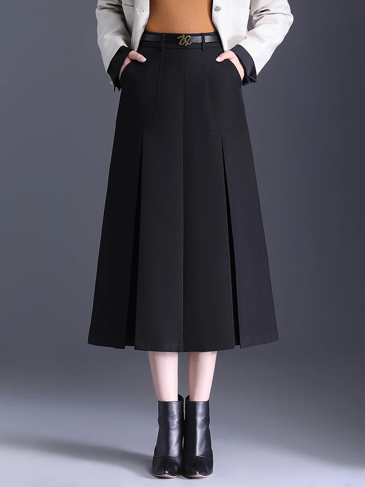 

Fall Winter Women 2024 Korean Fashion High Waist Ladies Black Gray A-Line Skirts S M L XL XXL XXXL Pockets Mid-Long Skirt Female