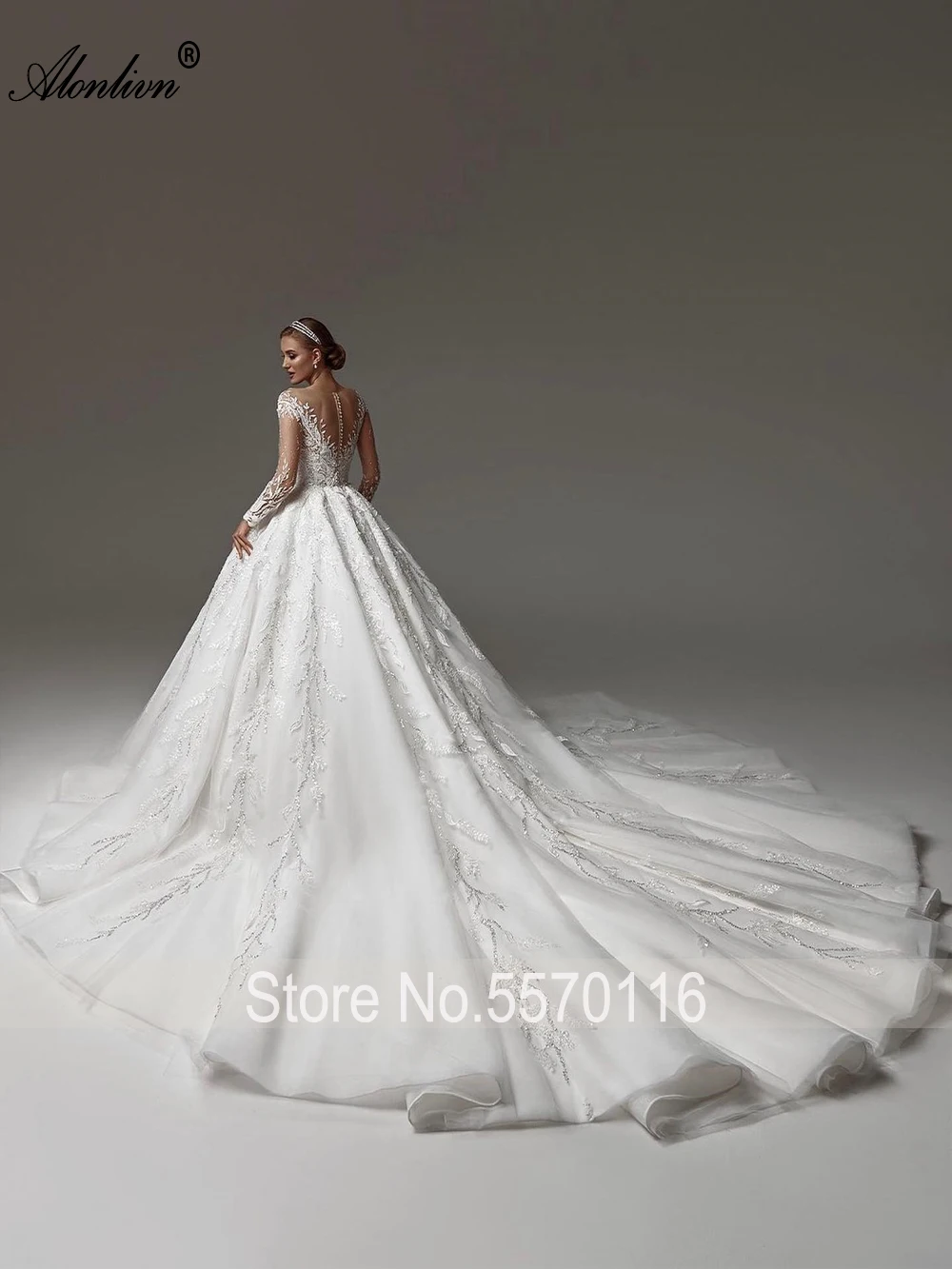 Alonlivn Abiti da sposa con scollo rotondo in pizzo con perline lucide Abiti da sposa con applicazioni di lusso con bottoni Abiti da sposa principessa