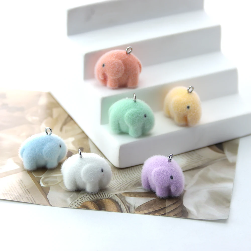 30Pcs 3D Flocking Resin Elephant Charms Plush Doll Pendant for Necklace Bracelet Earring Keychain DIY Making Jewelry Accessories