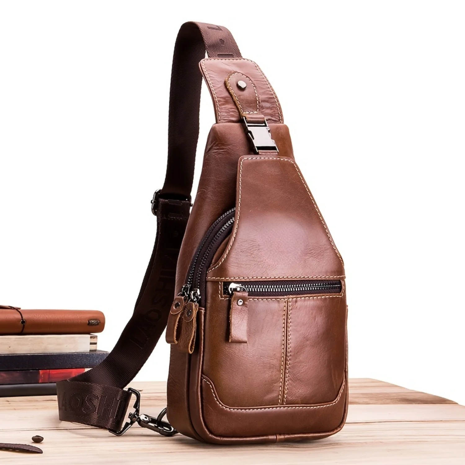 

Men's Large Capacity Leather Chest Bag, Head Layer Cowhide Chest Bag, Retro Casual Style Shoulder Bag