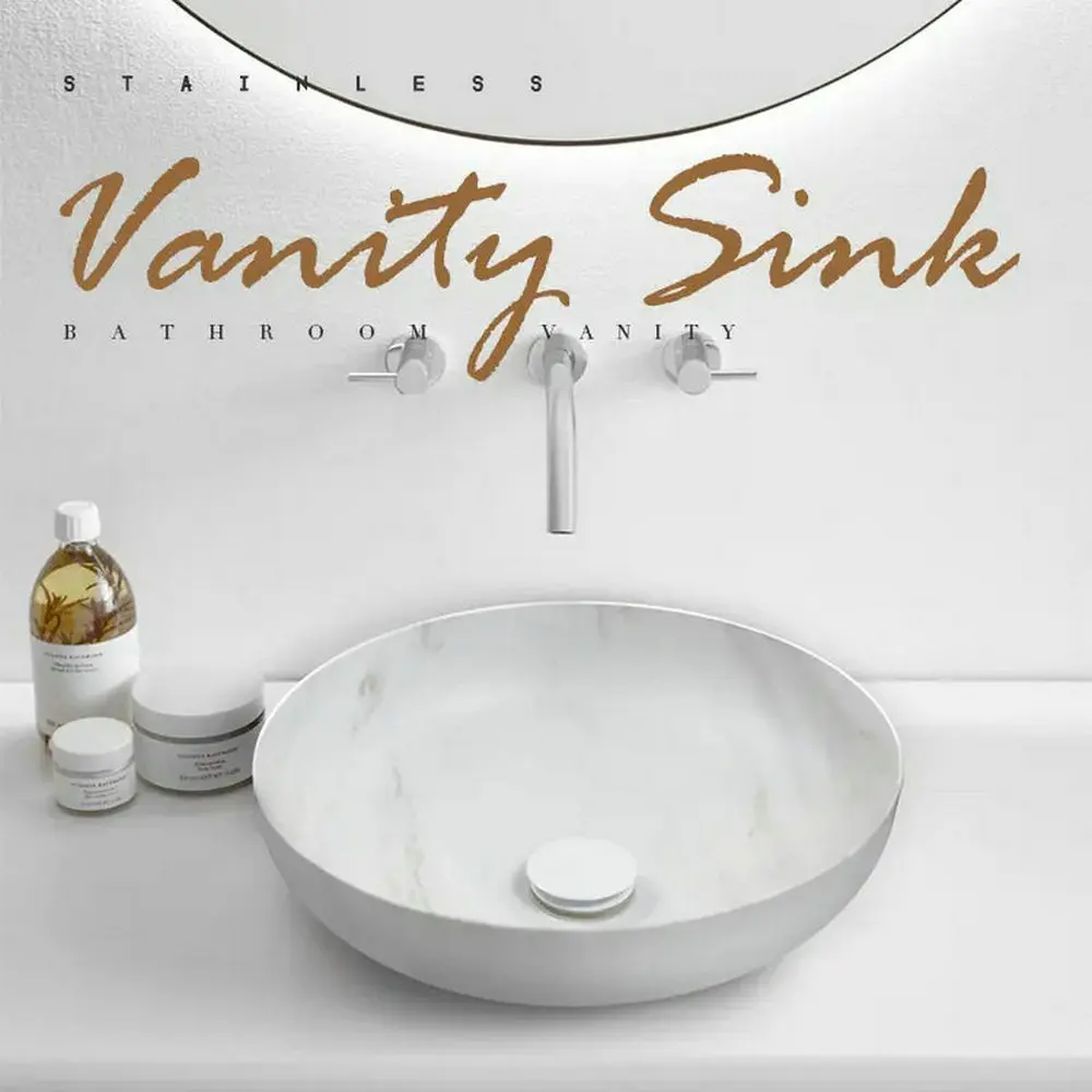 

Luxury 304 Stainless Steel White Marble Pattern Wash Basin Countertop Bathroom Sink