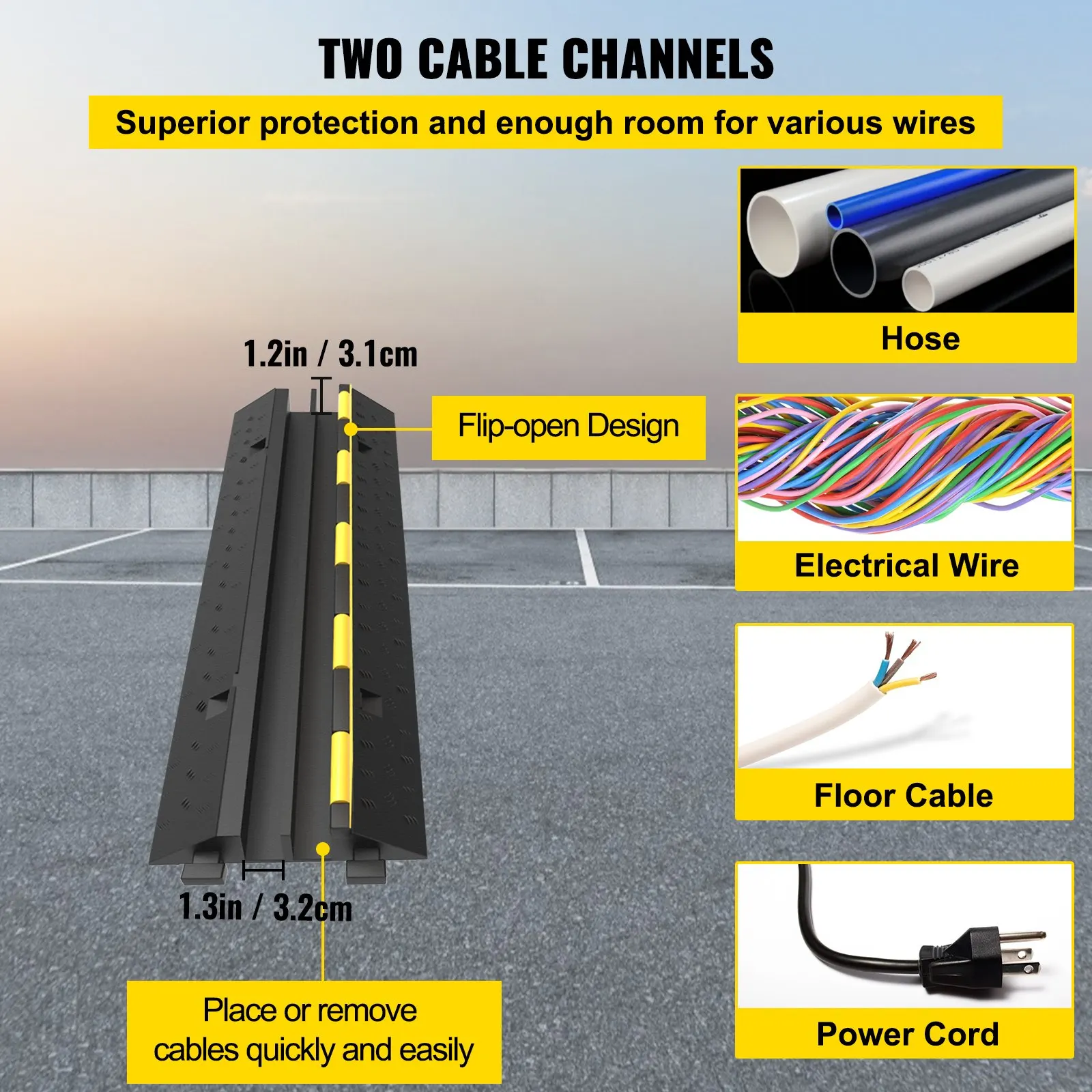 Cable Protector Ramp, 5 Packs 2 Channels Speed Bump Hump, Rubber Modular Speed Bump Rated 11000 LBS Load Capacity