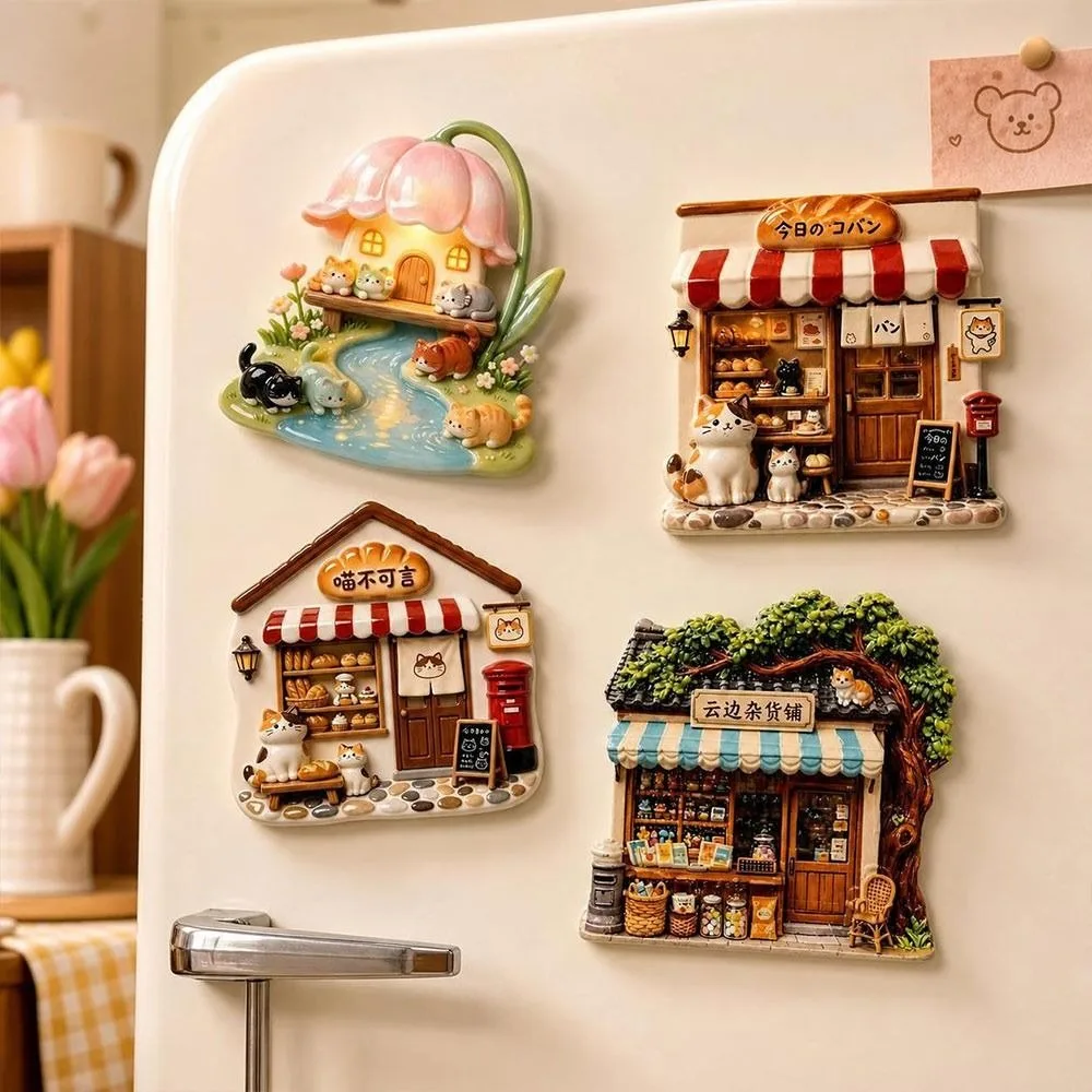 Cute Cat Theme Cat Fridge Magnet 3D Relief Cartoon Pattern Decorative Fridge Magnet Simulation Resin Refrigerator Magnet