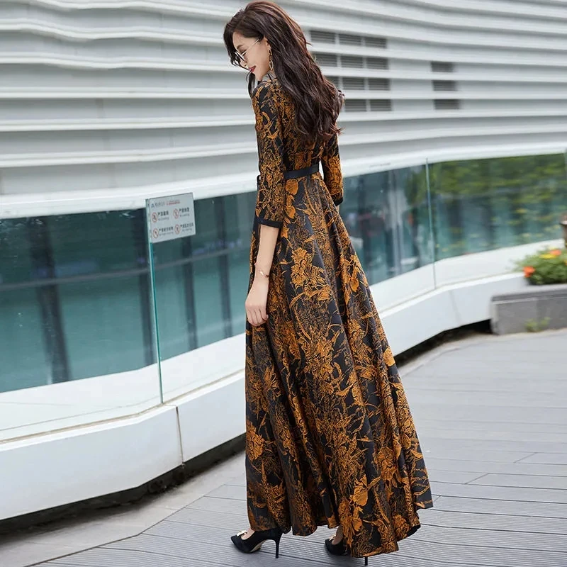 Longsleeved Dress Female 2023 Spring And Autumn New Waist Slim Temperament Vneck Printing To Bare Feet Ladies Elegant Long Skirt