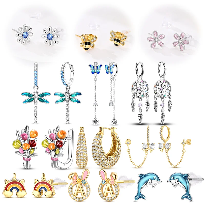 925 Sterling Silver Hoop Earrings Daisy Cherry Blossom Bee Girl Series Ear Studs Fit Elegant Female Accessories Jewelry