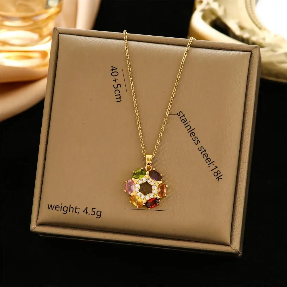 A circle of colorful diamond-encrusted necklace, women's earrings, ring three-piece set, circle titanium steel chain set
