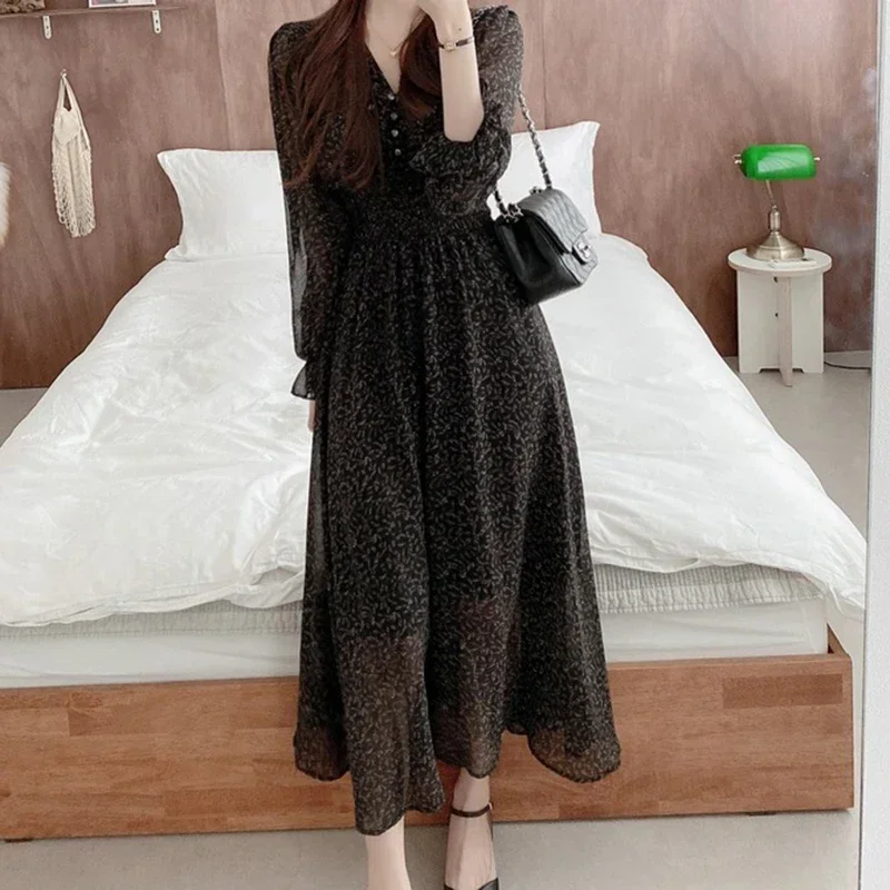 2024 Spring Fashion Casual Vintage Women Dress Elegant Floral V-neck Midi Chiffon Dress Lady Long Sleeve Women Dresses Vestido