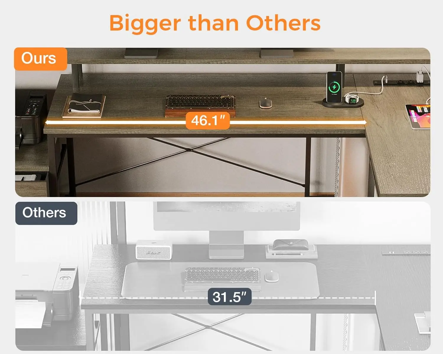 L geformter Schreibtisch mit Akten schublade, 75 "reversibler l-förmiger Computer tisch mit Steckdose und LED-Streifen, Eck schreibtisch, Graue iche