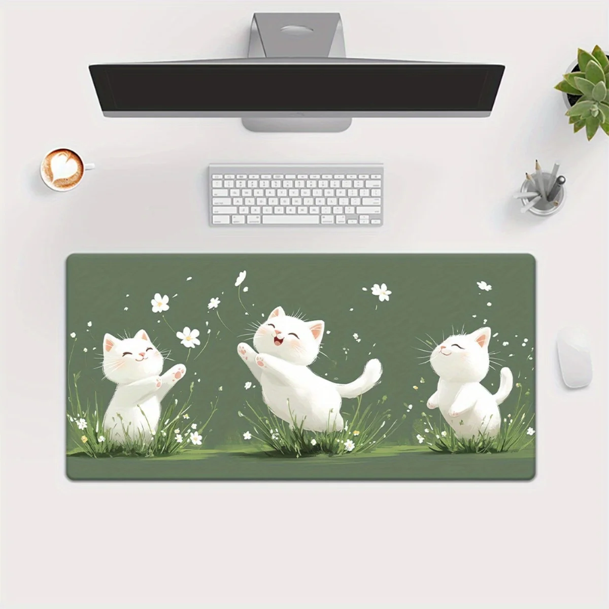 Playful White Kittens in Grass Large Extended Mouse Pad Durable Rubber Desk Mat for Gaming Office