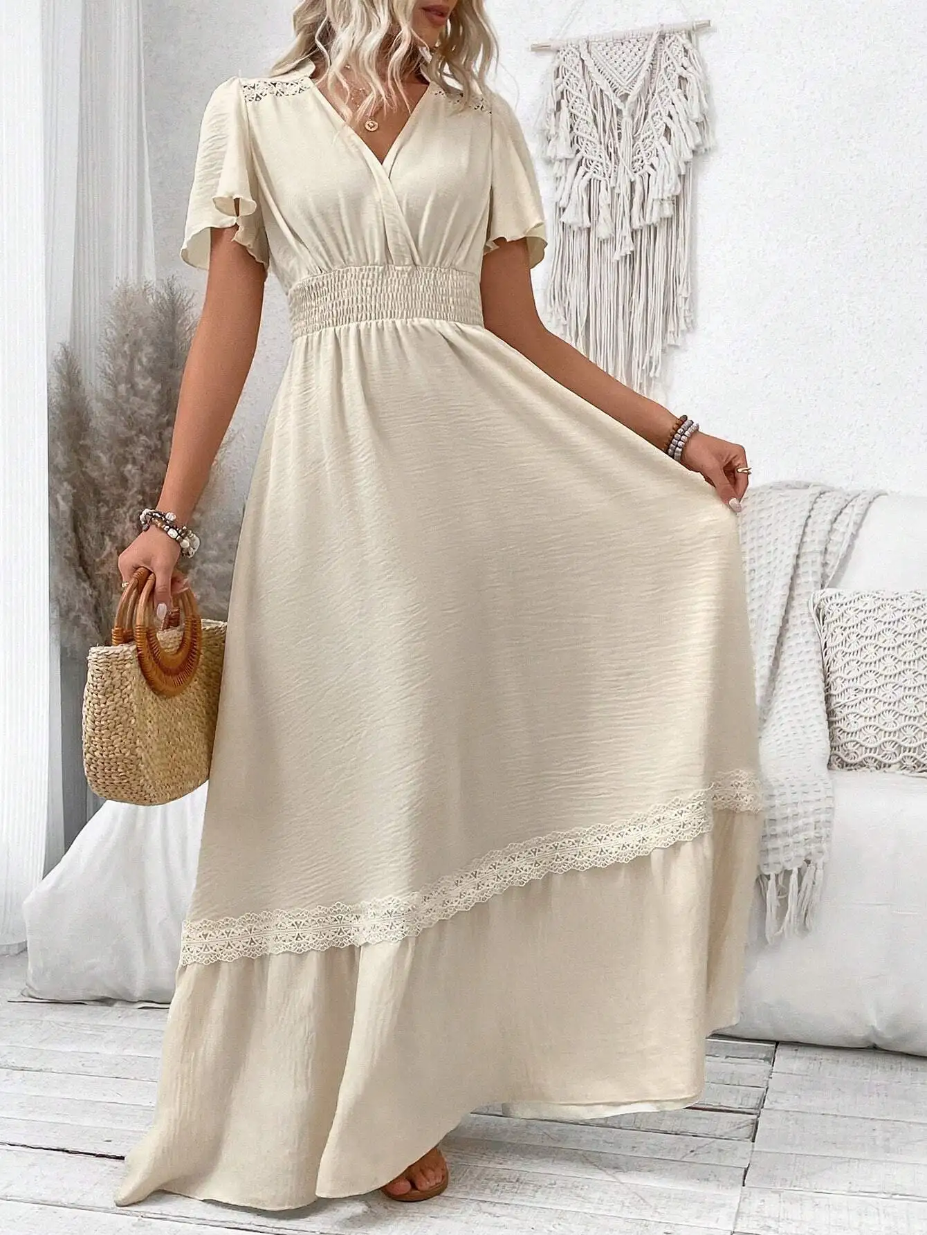 

Women's Shirred Waist V-Neck Short Sleeve Maxi Dress Bohemian Beach Vacation Outfit