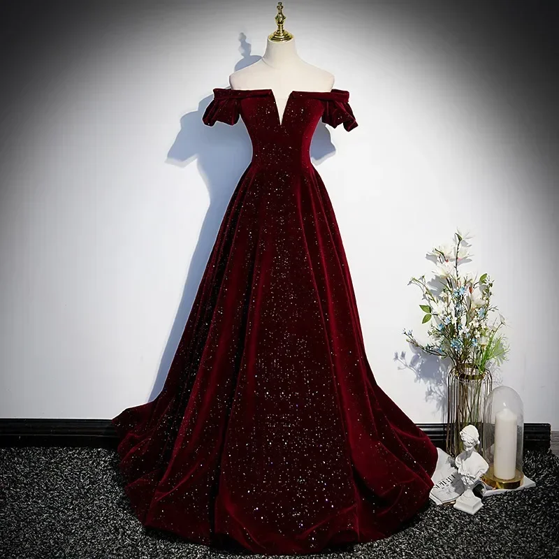 One-shoulder Wine Red Velvet Evening Dress Female Slim Waist Temperament Slim Waist Wedding Party Vestidos Elegant Prom Dresses