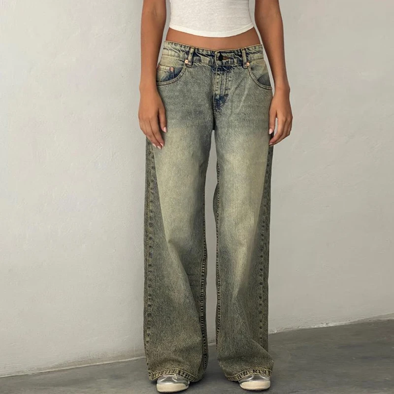 

Maemukilabe Women Y2K Low Rise Baggy Jeans Retro Aesthetic Loose Fit Boyfriend Straight Wide Leg Jeans Trendy Stretch Denim Pant