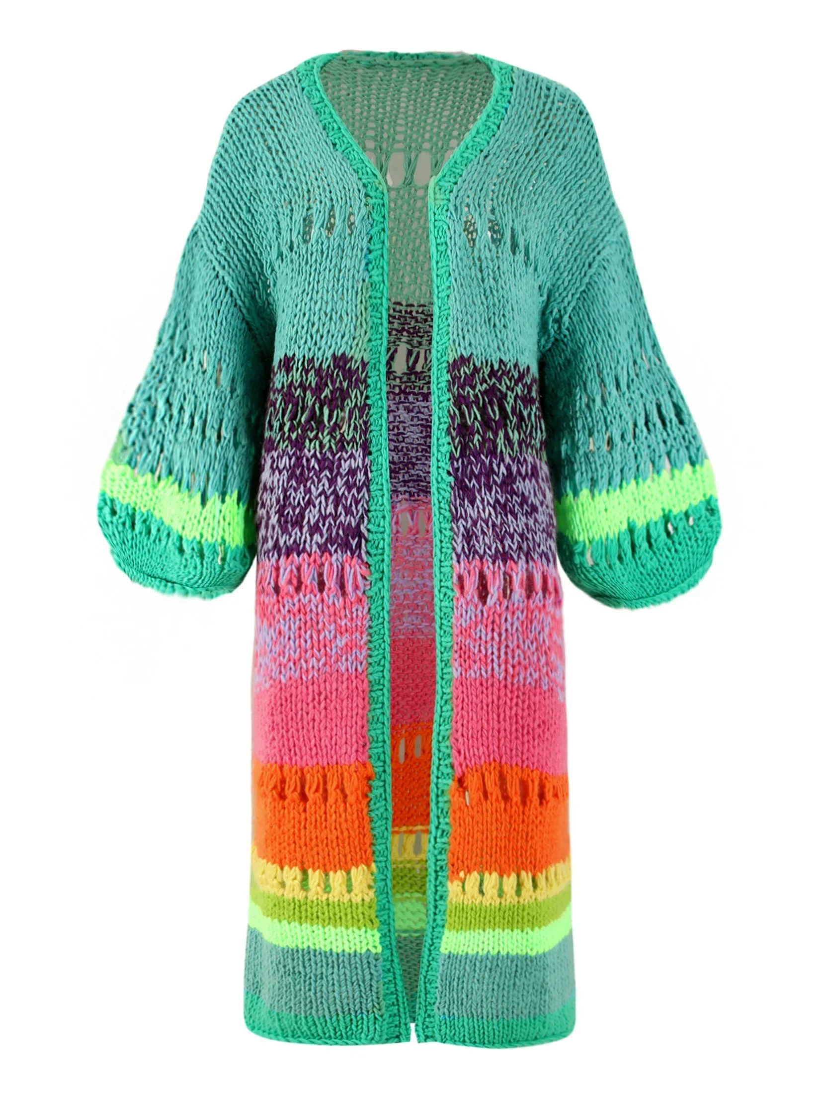 Handmade Boho Kimono Cardigan Sweater Women Coat 2024 Autumn Winter Multicolor Bohemian Long Bell Sleeve Knitted Dress Knitwear