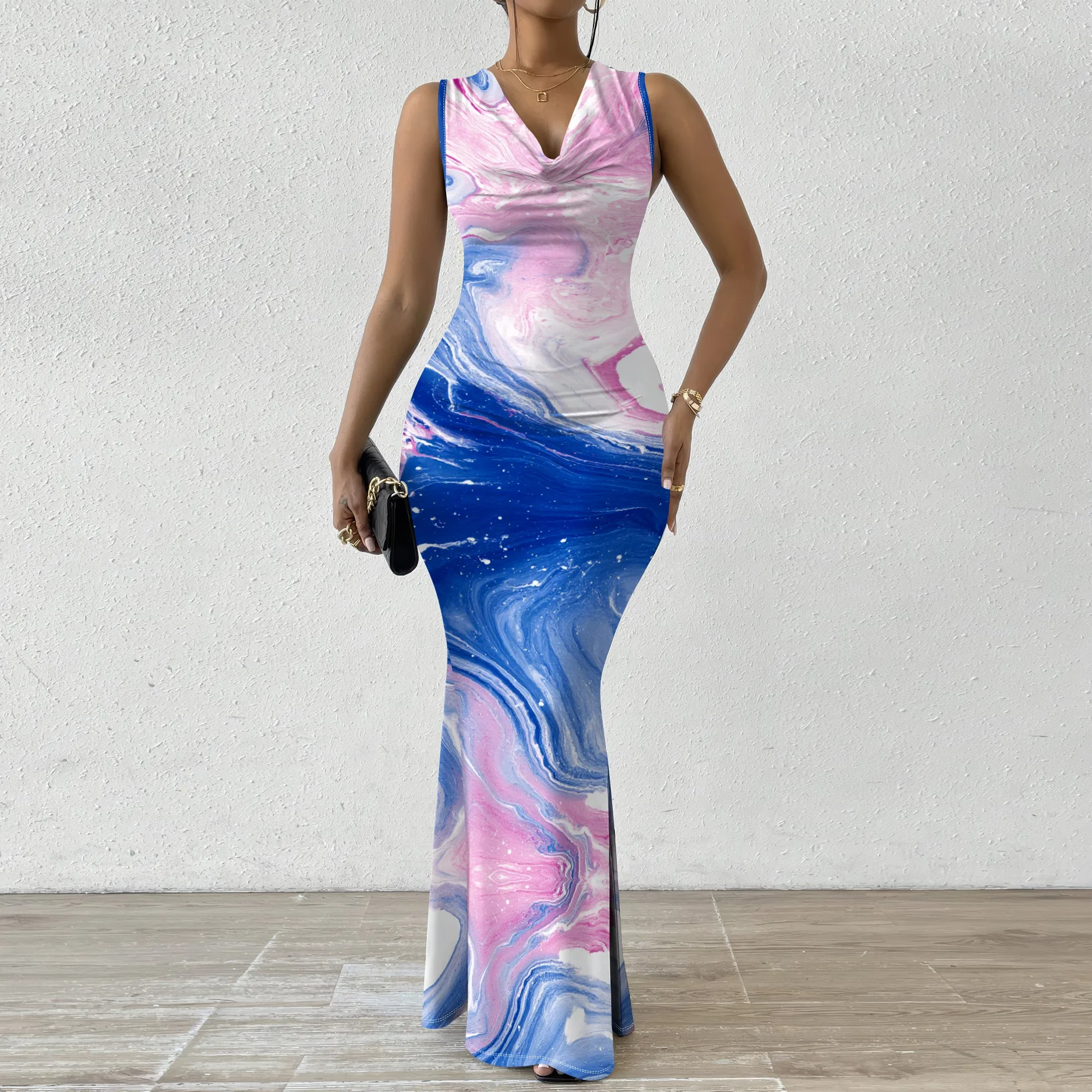

Women's Pastel Abstract Print Bodycon Maxi Dress Sleeveless Cowl Neck Mermaid Party XS-2XL