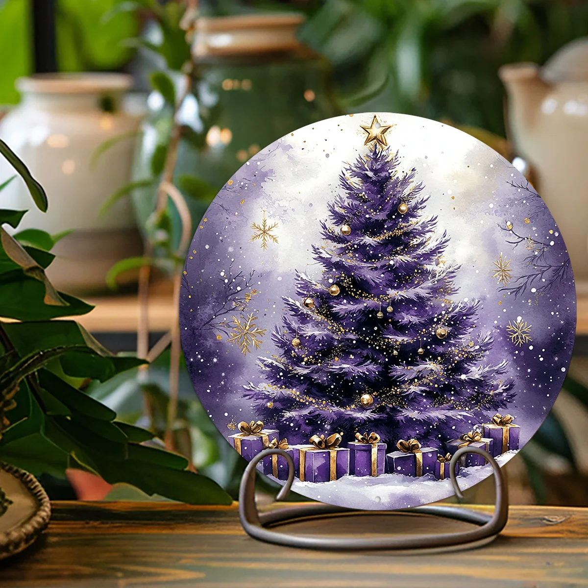1pc Vintage-Style Circular Aluminum Wall Decor, Purple Christmas Tree Metal Wreath Sign, Weather-Resistant Multipurpose No-Elect
