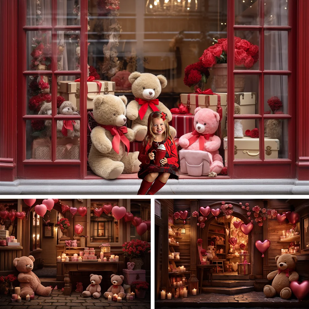 

Valentine's Day Photography Backdrop Shop Red Roses Toy Bears Gift Romantic Children's Birthday Portrait Background Photo Studio