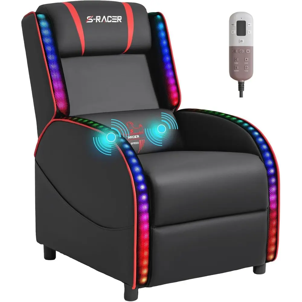 Ergonomic Gaming Recliner Chair, LED Massage, Comfortable for Living Room, Home Theater, Red