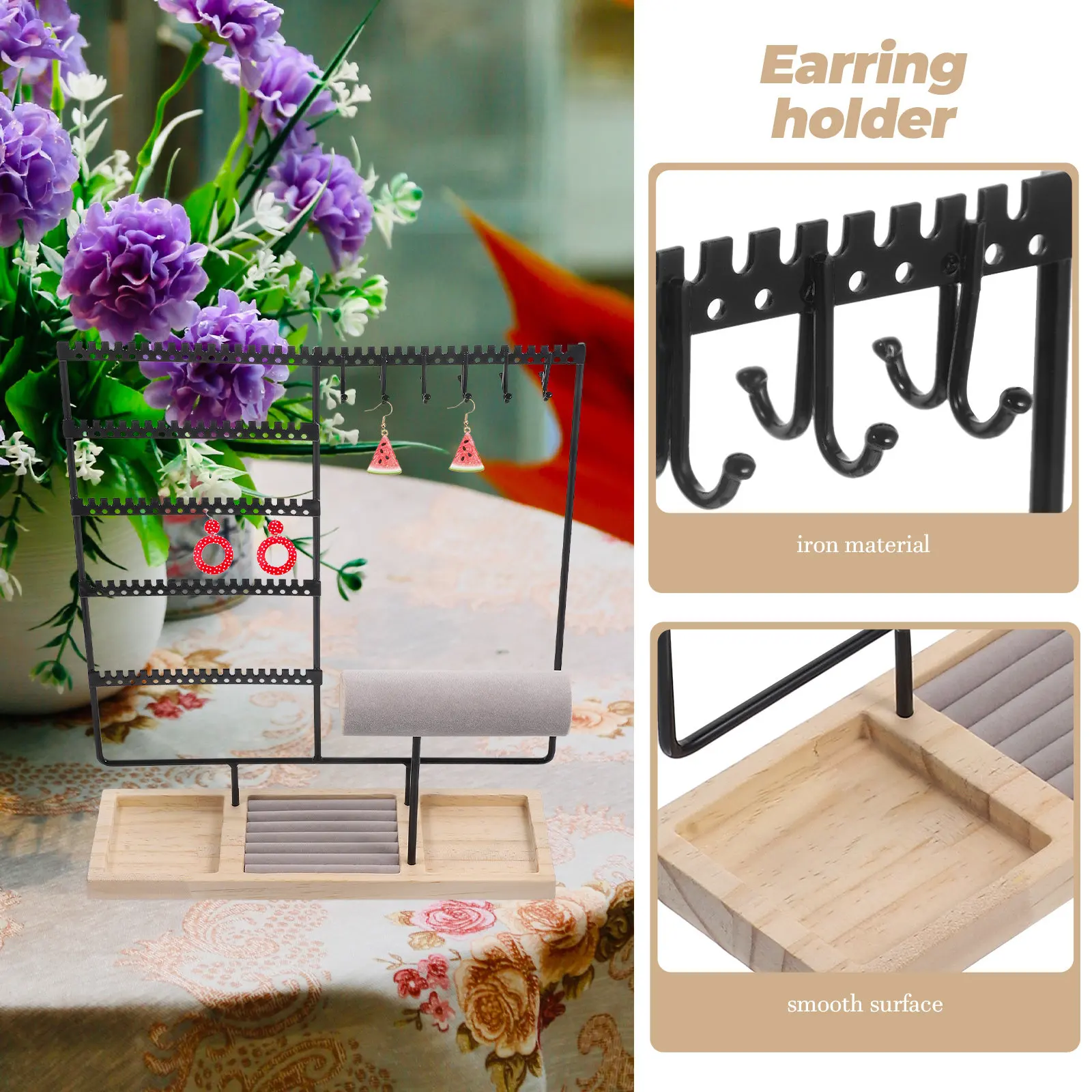 

Многоуровневая подставка для украшений: деревянный и металлический органайзер для серег, ожерелий, браслетов и колец, настольный держатель для хранения, товары для дома