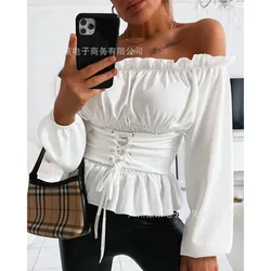 Women's Solid Color Slim Fit Pleated Bandage Shirt 2024 Spring Summer New Blouse Top Women's Casual Off-Shoulder Slash Neck Top