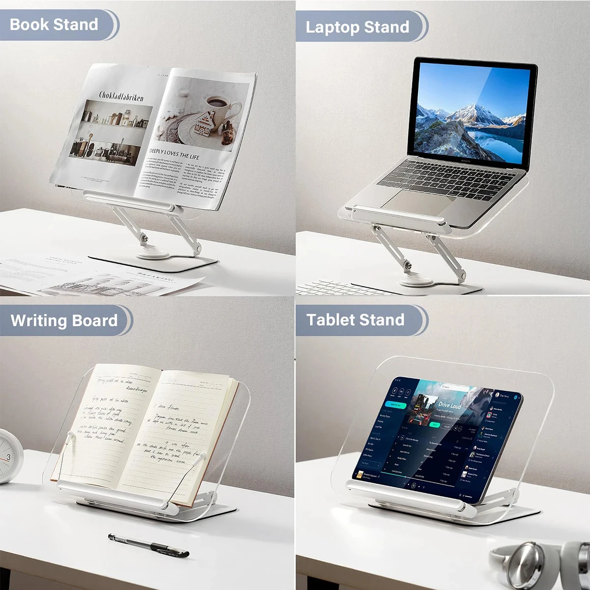 Portable Acrylic Book Stand for Reading with 360° Rotating Base Foldable and Angle Adjustable book Holder For home Office