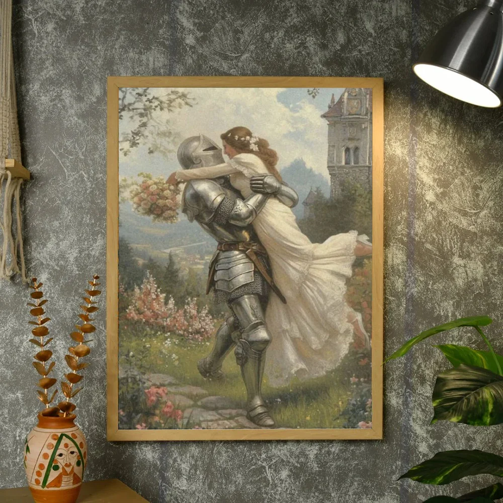 رومانسية القرون الوسطى فارس زوجين قماش جدار الفن القرون الوسطى الخيال صورة ديكور المنزل هدية