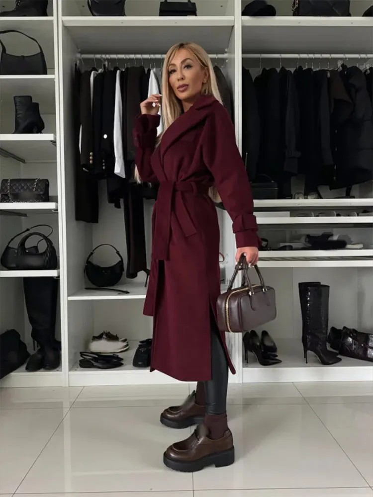 Elegant Wine Red Lapel Women\'s Overcoat With Belt 2024 Fashion Full Sleeves Side Split Long Coat Fall Winter Lady Chic Outerwear