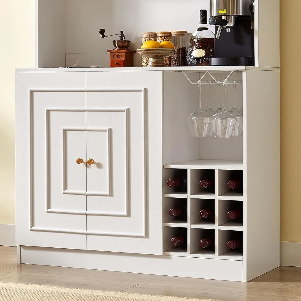 خزانة مخزن المطبخ مع رف الميكروويف، خزانة تخزين قفص المطبخ مقاس 71 بوصة، بار قهوة بوفيه أبيض مع رف زجاجي للنبيذ، فوز #6