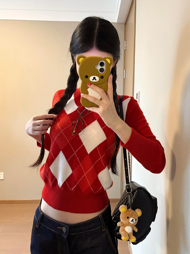 

Женский вязаный свитер с узором «красный бриллиант», осенне-зимний, приталенный, с V-образным вырезом, повседневный, в стиле стрит-фэшн, трендовый