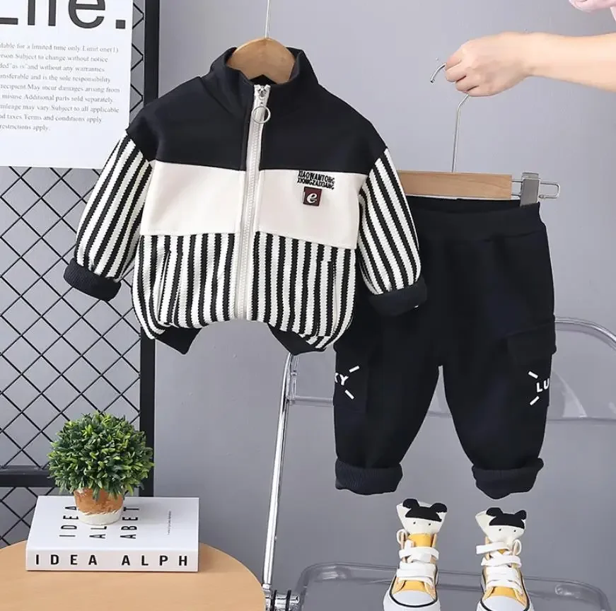 Kids Boys Tracksuits Sets Spring Autunmn Baby Clothes Patchwork Stripe Casual Zipper Jackets And Pants Children Clothing Suits
