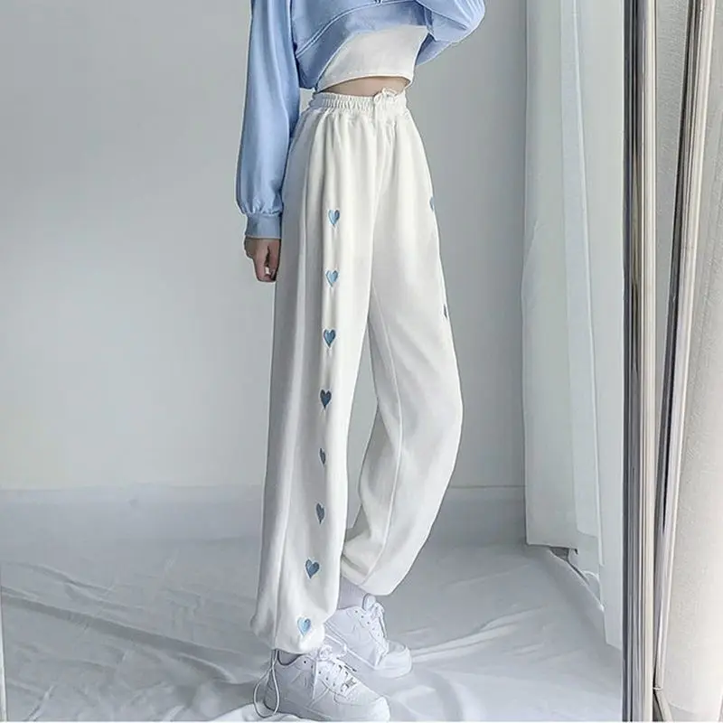 Heart printed wide leg pants women in spring new color blocking casual high waisted drawstring tied foot sports casual pants