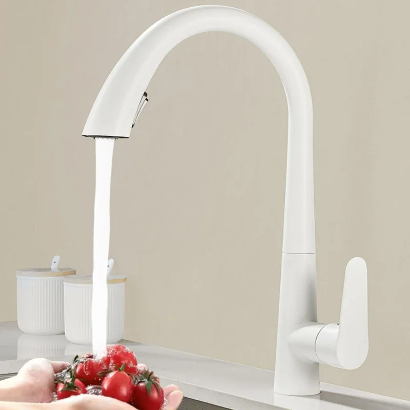 

Luxury Pull-Out Kitchen Sink Faucet White Sprayer Hot and Cold Water Mixer Rotatable Deck-Mounted Design