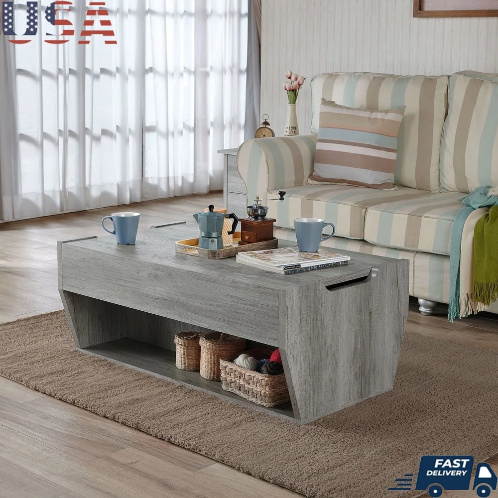 

Журнальный столик с подъемным верхом и открытыми полками для хранения вещей, состаренное серое дерево и сталь для гостиной, для внутреннего использования