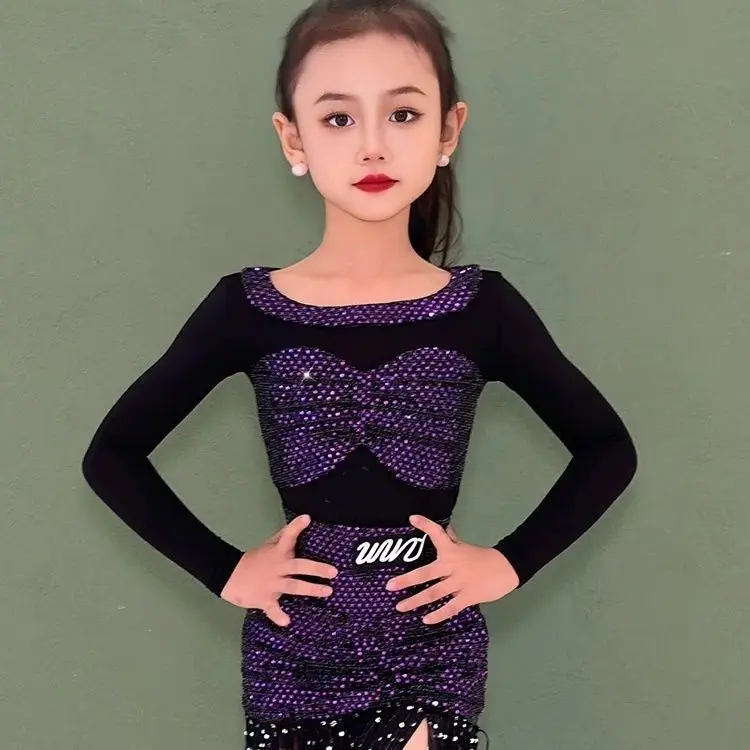 

Зимне-осенний латинский костюм для девочек, юбка с бахромой и длинными рукавами, детская танцевальная одежда для танго, Sumba, сценическое платье для соревнований