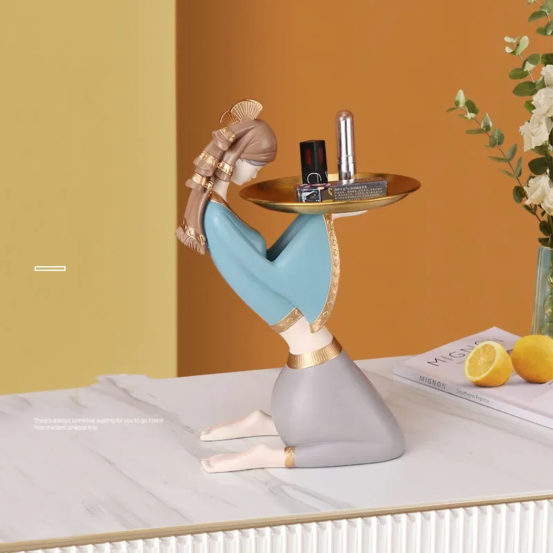 Nordic Ins Light Luxury Resin Tray Girl Sculpture Ornaments Home Living Room Porch Key Small Object Storage Valentine's Day Gift