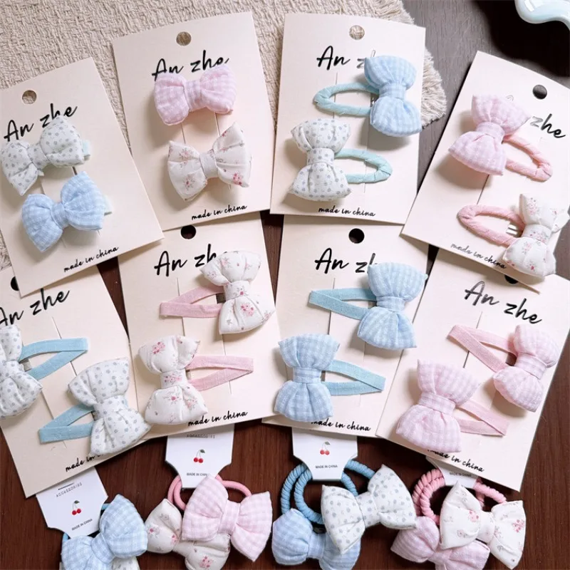 

2pcs/set Kids Checkered Bow Hair Clips Ponytail Holders Set Side Bangs Stray Hair BB Snap Pins for Girls Elastic Ties with Bow