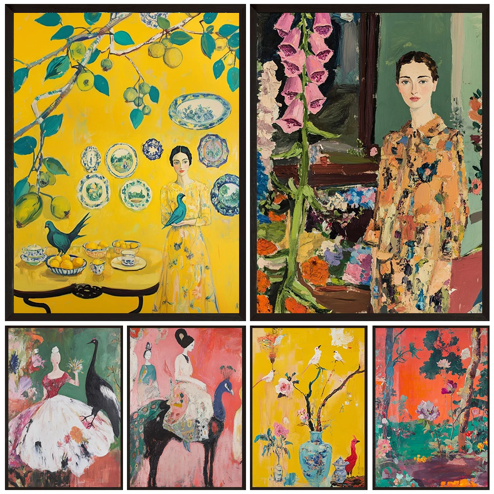 Colorful Maximalist Floral Figure Canvas Print Set Yellow Pink Wall Art Bird Peacock Painting For Home Office Living Room Decor