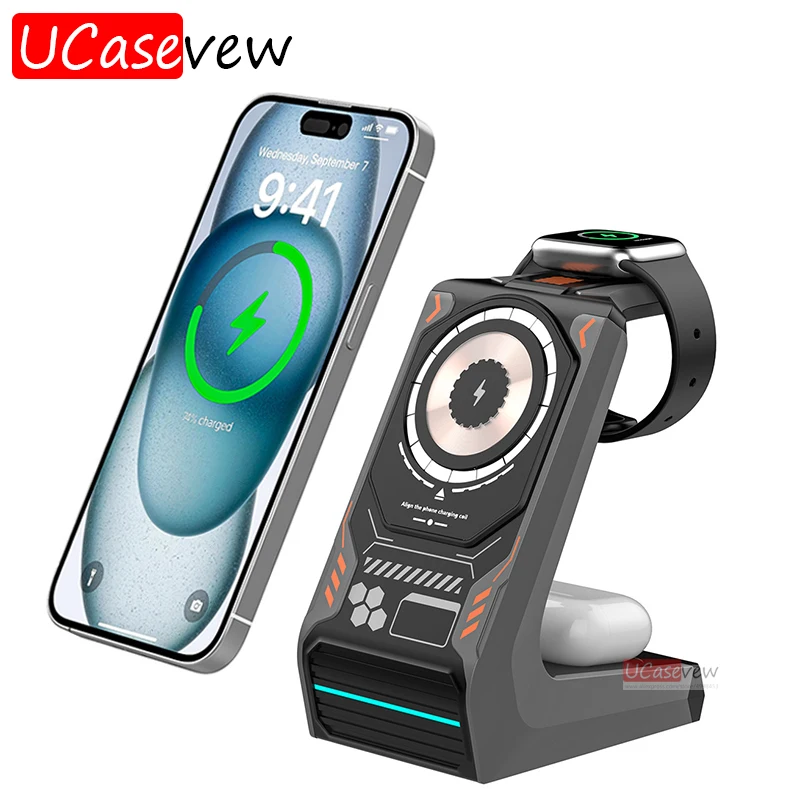 

15W Wireless Charging 3 In 1 Charger Stand Dock For iPhone 16 15 AirPad iWatch 9 Charging Station Smartphone Support Mecha Style