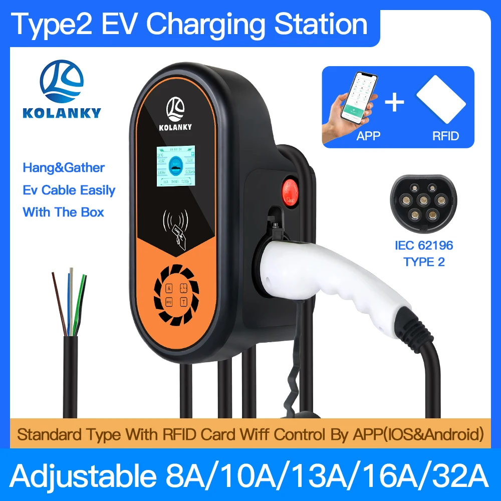 

KOLANKY EV Charger type 2 IEC62196-2 Plug 22 кВт 32A 3 фазы с App версией Wallbox зарядная станция 5 м кабель Электрический автомобиль