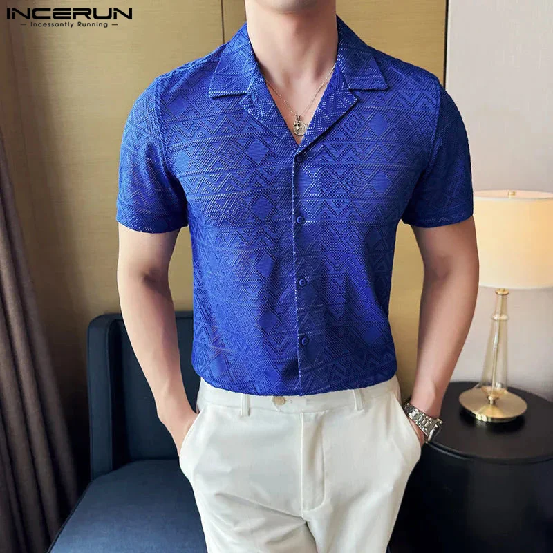 INCERUN Tops 2024 Korean Style Men Perspective Texture Design Lace Shirt Fashion Sexy Male Thin Lapel Short Sleeved Blouse S-5XL