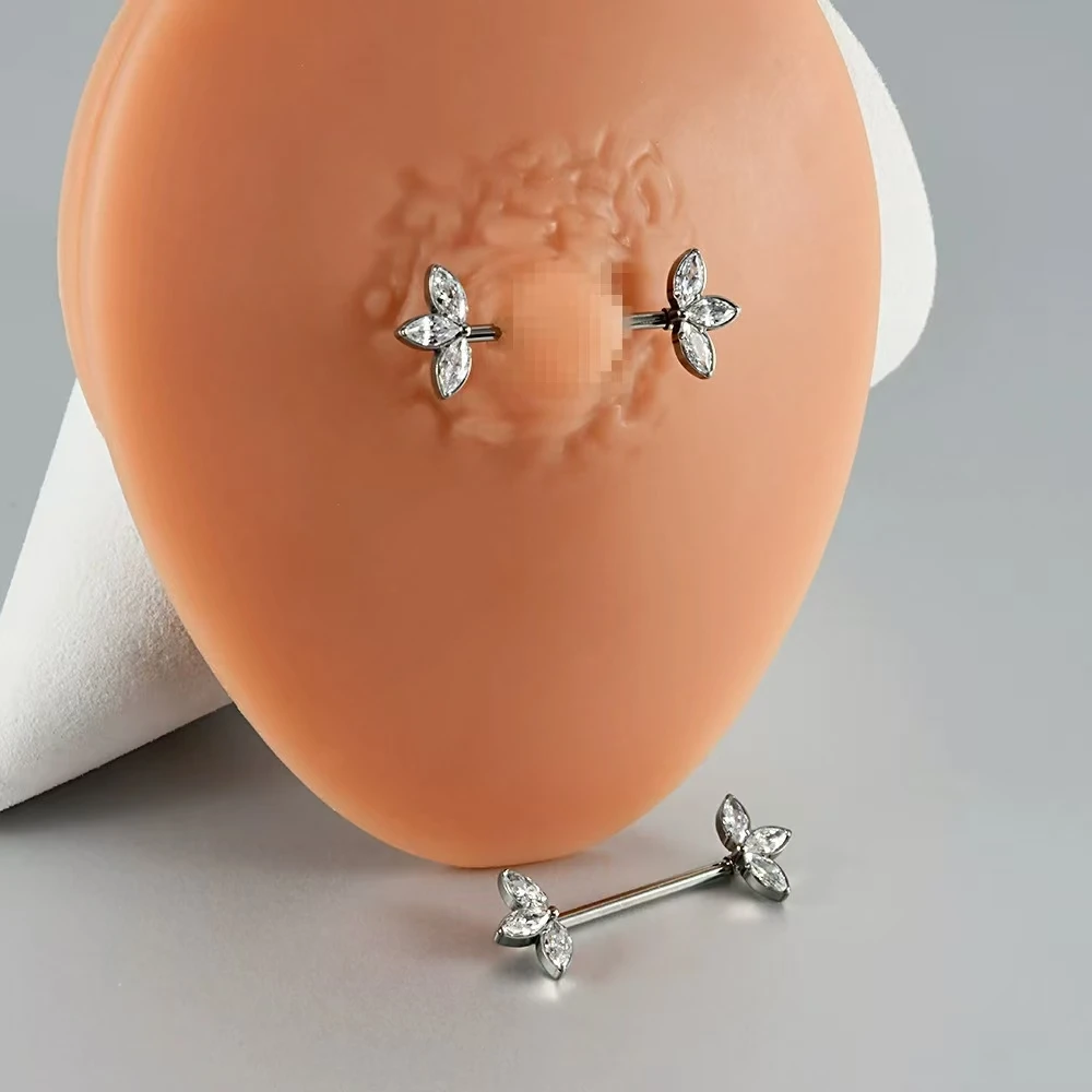 2PCS Heart Nipple Piercing Titanium CZ Crystal Sexy Leaf Nipple Shield Ring Nails Barbell Body Pierced Jewelry Chest Decor 16G