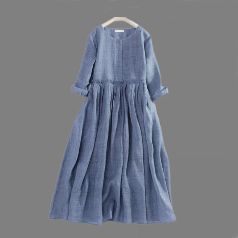 Summer New Japan Style Solid Color Cotton Linen Dress Women Long Sleeve Vestidos De Fiesta Loose Casual Oversized Robe Femme